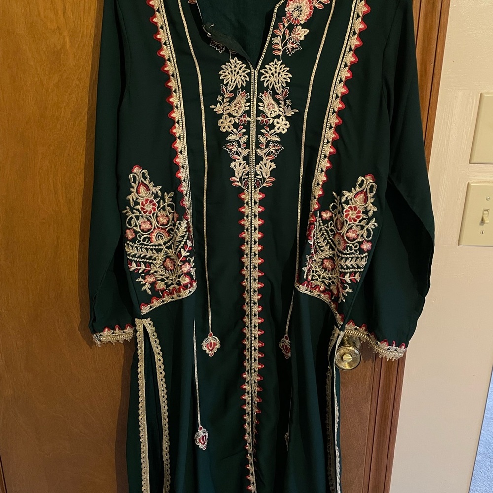 Aleezay 3 piece Embroidered Dark Green Long Tunic with Floral Detailing